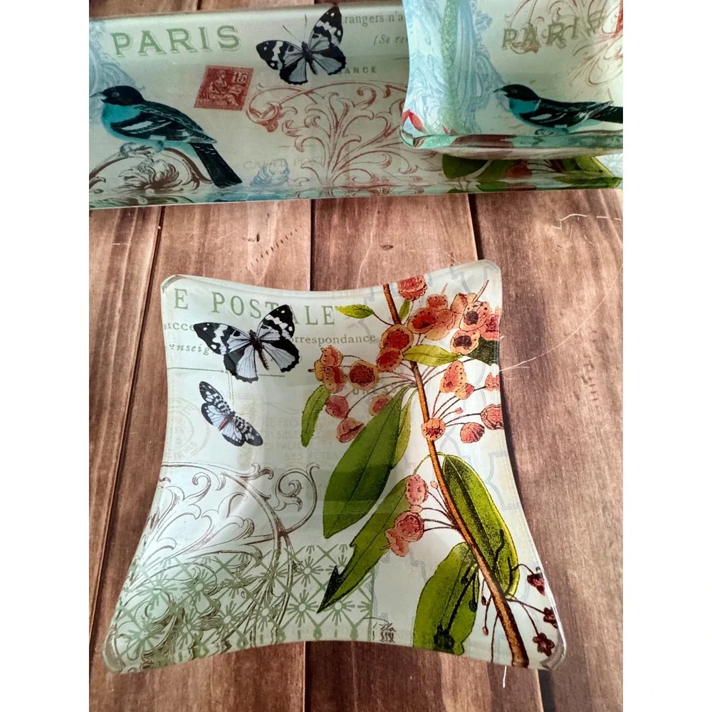 Vintage Fringe Studio Pela Designs Glass Serving Set 5 Pc Paris Postcard